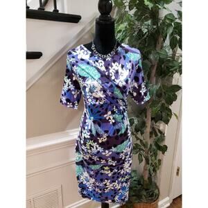 Peter Pilotto Womens Multi Floral Stretch Short Sleeve Round Neck Sheath Dress L